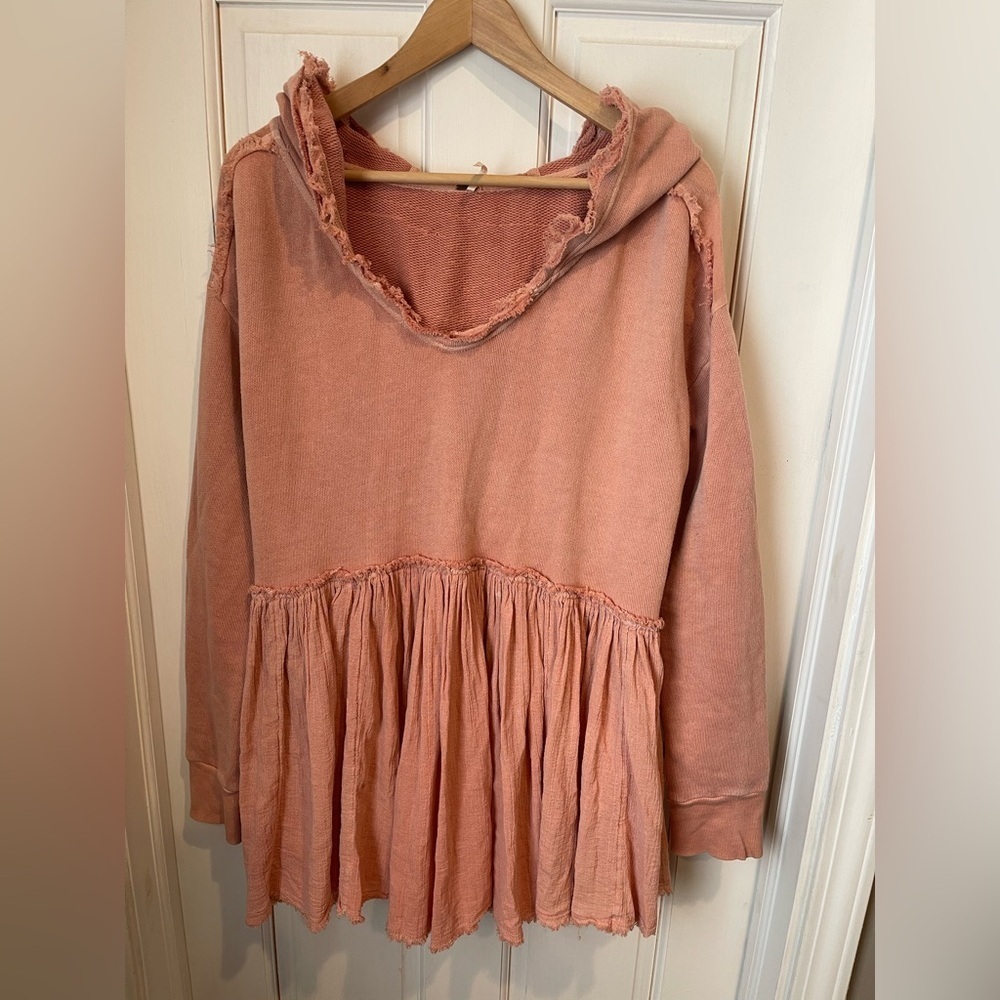 Free People Summer Dreams Hoodie Oversized Dusty Peachy-Pink Textured Knit Top S - Picture 3 of 6